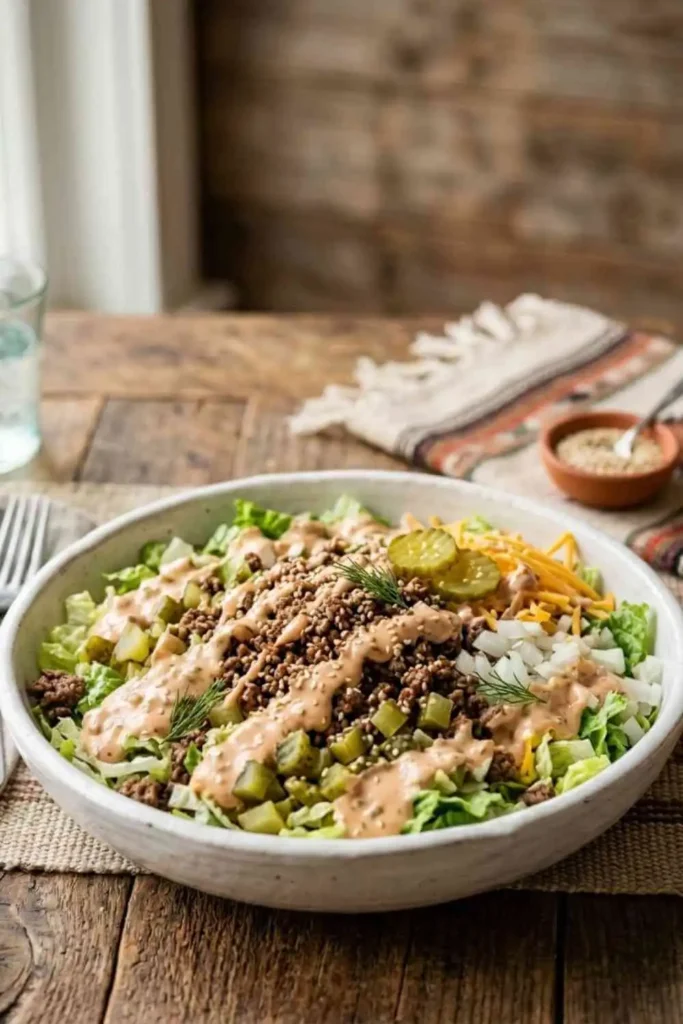 25 Best Chopped Salad Recipes (Easy, Fresh & Crowd-Pleasing) 13 Low-carb Big Mac chopped salad with seasoned beef, pickles, American cheese and burger sauce.