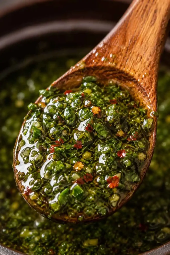 Close-up of glossy textured chimichurri sauce on a wooden spoon showing herb flecks and olive oil sheen