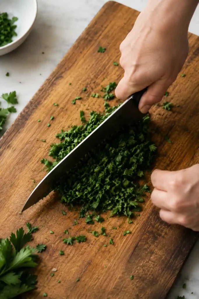 Hands chopping fresh flat-leaf parsley on a wooden cutting board for chimichurri sauce recipe