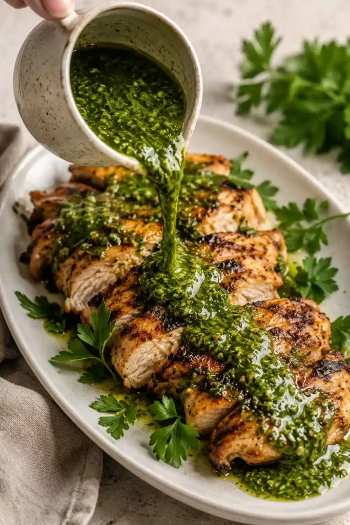 Thick glossy chimichurri sauce being drizzled over grilled chicken thighs on a white ceramic plate