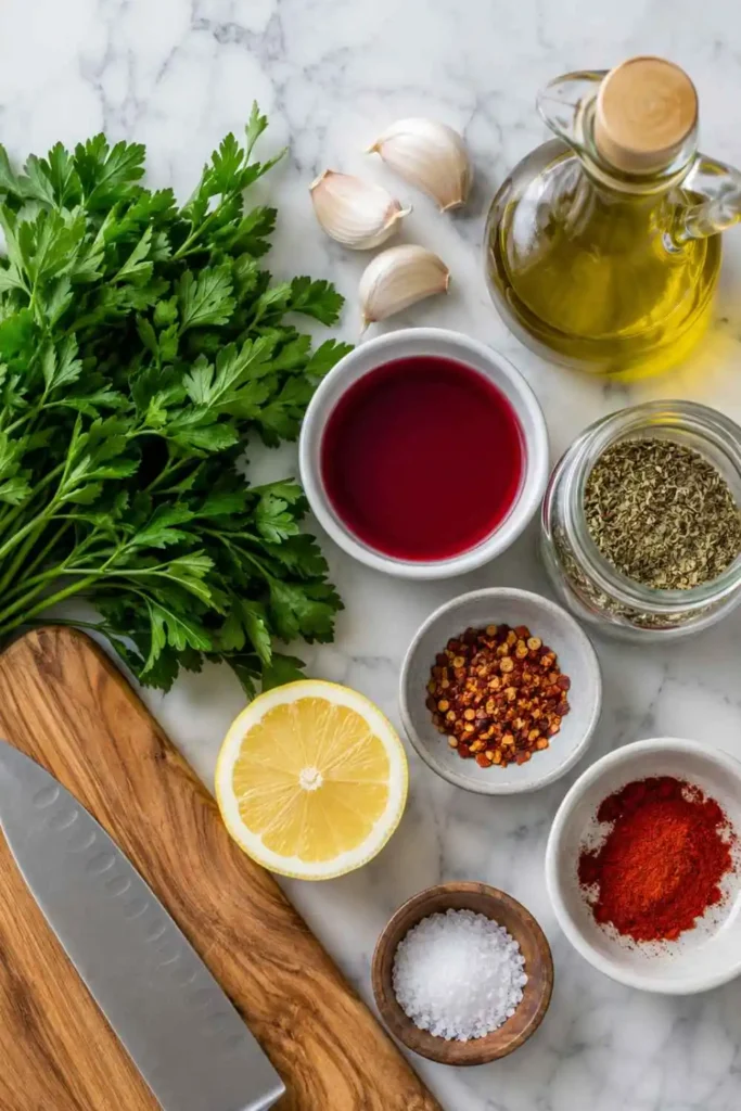 All ingredients for chimichurri sauce recipe arranged on white marble including fresh parsley, garlic, and red wine vinegar