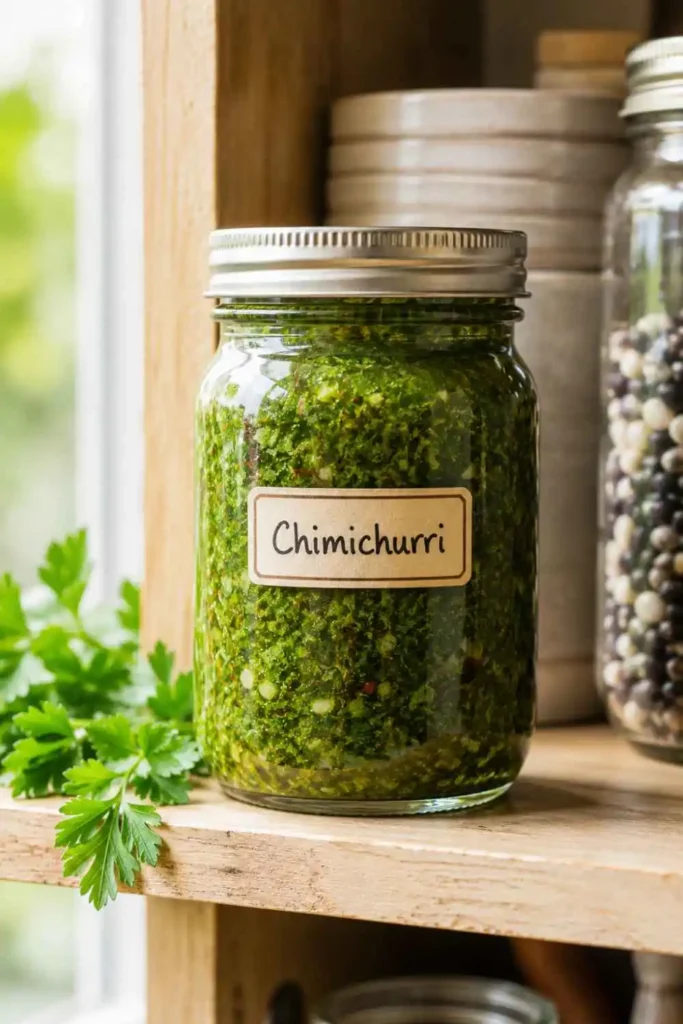 Chimichurri sauce stored in a sealed clear glass mason jar on a wooden kitchen shelf