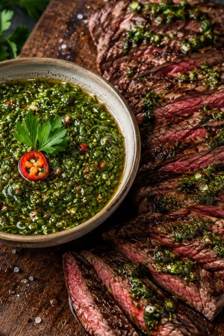 Chimichurri sauce recipe in a rustic bowl next to sliced grilled steak on a wooden board