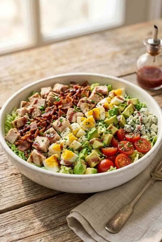 25 Best Chopped Salad Recipes (Easy, Fresh & Crowd-Pleasing) 5 Cobb chopped salad recipe with grilled chicken, bacon, avocado, egg, blue cheese and tomatoes.
