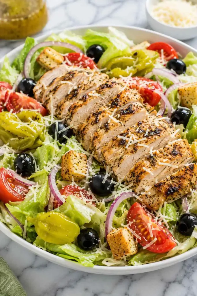 Authentic Copycat Olive Garden Salad Recipe (15-Minute Meal) 5 Slices of grilled chicken breast topped over a fresh copycat Olive Garden salad bowl.