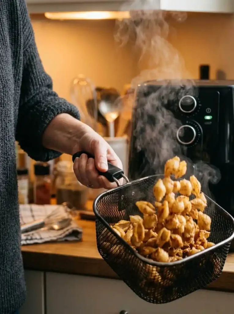 Crispy Pasta Salad Recipe - Ready in 25 Minutes 4 Hand tossing golden crispy pasta shells in air fryer basket with visible steam