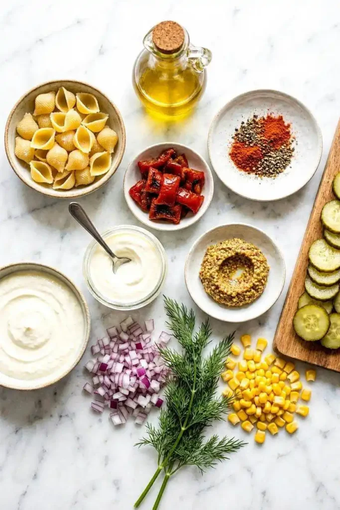 Crispy Pasta Salad Recipe - Ready in 25 Minutes 3 Overhead flat lay of crispy pasta salad ingredients including pasta, yogurt dressing, and fresh vegetables