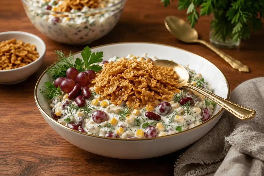 Crispy Pasta Salad Recipe - Ready in 25 Minutes 1 Overhead shot of crispy pasta salad with golden air-fried pasta and creamy yogurt dressing in ceramic bowl