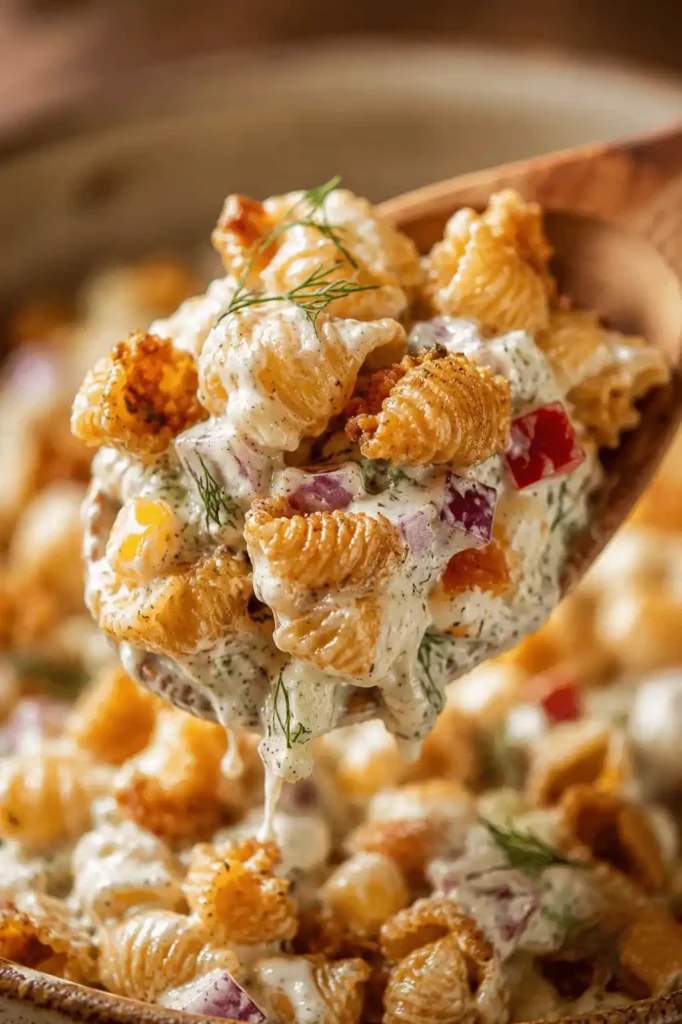 Crispy Pasta Salad Recipe - Ready in 25 Minutes 2 Close-up of spoon lifting crispy pasta salad showing creamy dressing and crunchy pasta texture