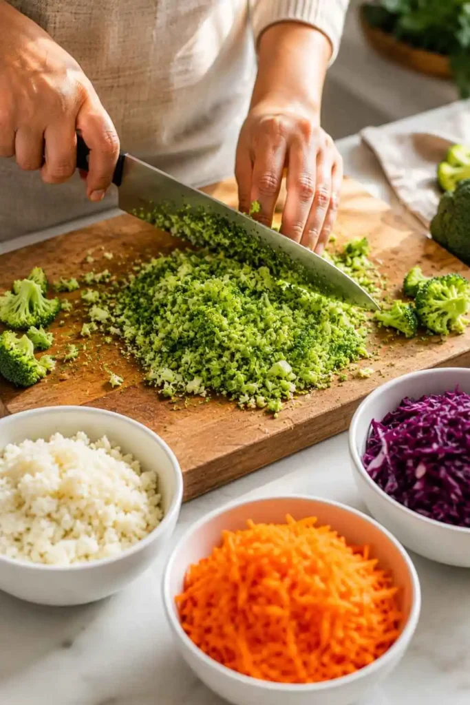 Crunchy Detox Salad Recipe (Ready in 25 Minutes!) 5 Hands finely chopping broccoli on a wooden cutting board surrounded by other prepped vegetables for detox salad