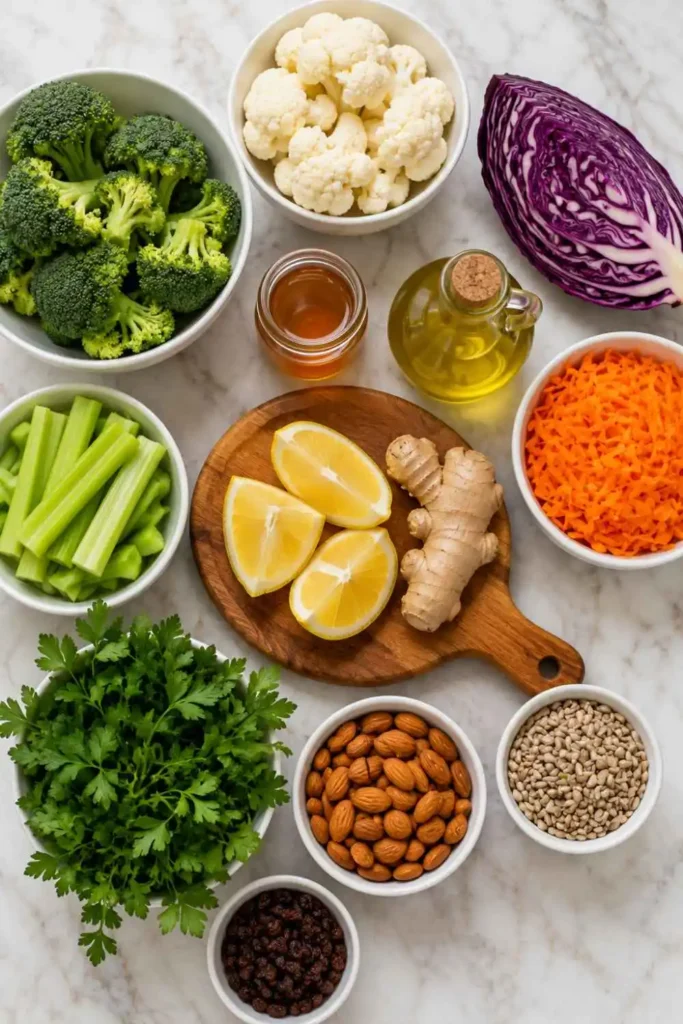 Crunchy Detox Salad Recipe (Ready in 25 Minutes!) 3 All ingredients for crunchy detox salad recipe arranged on white marble including broccoli, cauliflower, red cabbage, almonds, and lemon