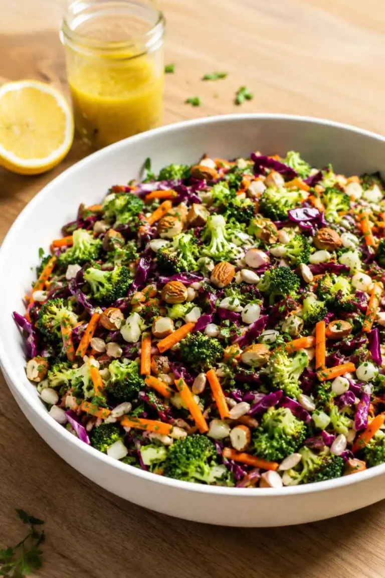 Crunchy detox salad with chopped broccoli, cauliflower, red cabbage and almonds in a white bowl with lemon ginger vinaigrette
