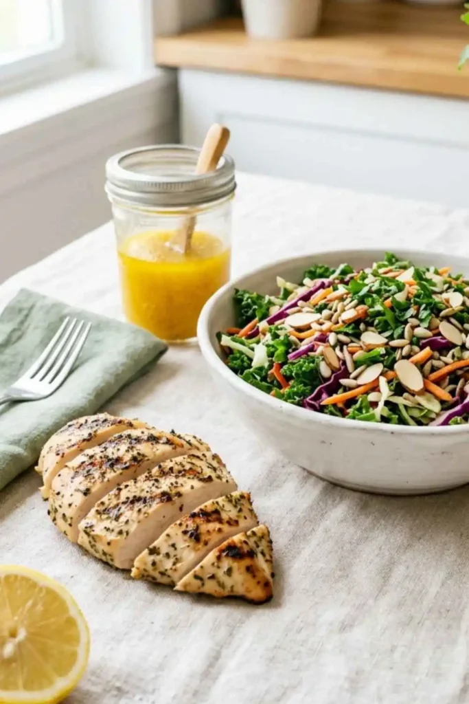 Crunchy Detox Salad Recipe (Ready in 25 Minutes!) 6 Crunchy detox salad served in white bowl with grilled chicken and a mason jar of lemon ginger dressing on linen table