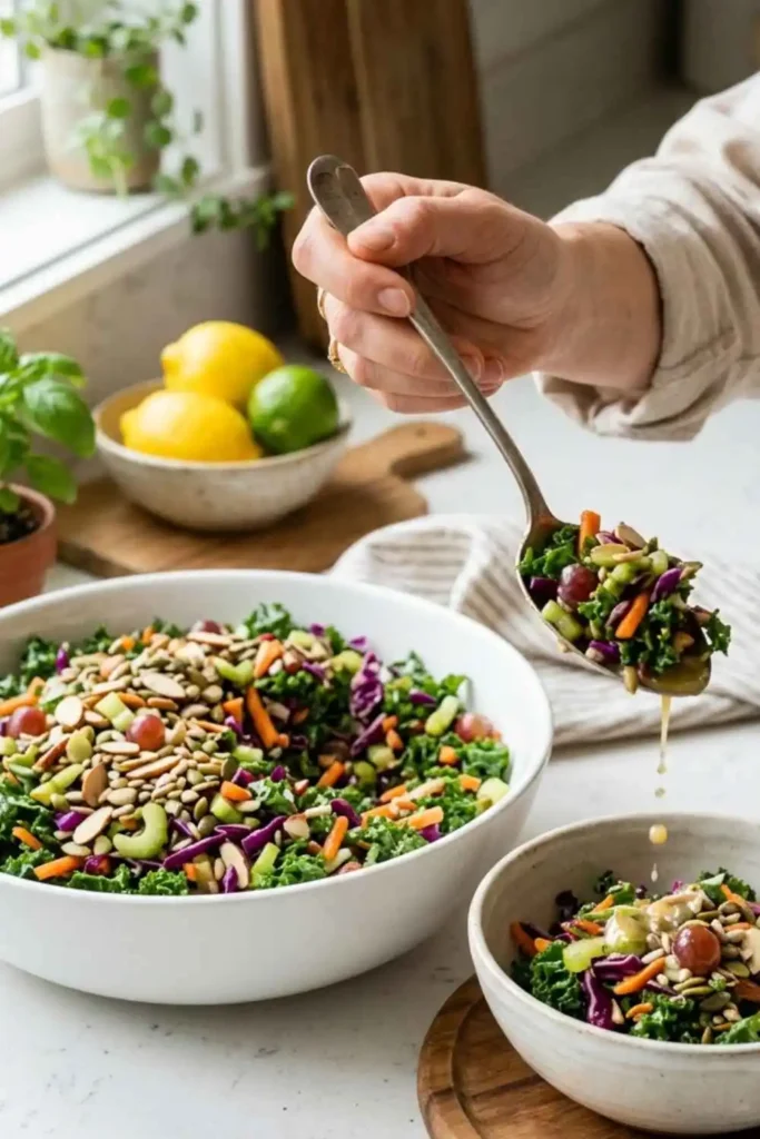 Crunchy Detox Salad Recipe (Ready in 25 Minutes!) 7 Woman spooning crunchy detox salad from large white serving bowl into individual bowl in bright kitchen
