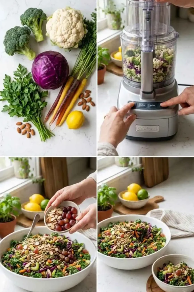 Crunchy Detox Salad Recipe (Ready in 25 Minutes!) 4 Step-by-step process for making crunchy detox salad from raw ingredients to finished bowl in 4 steps