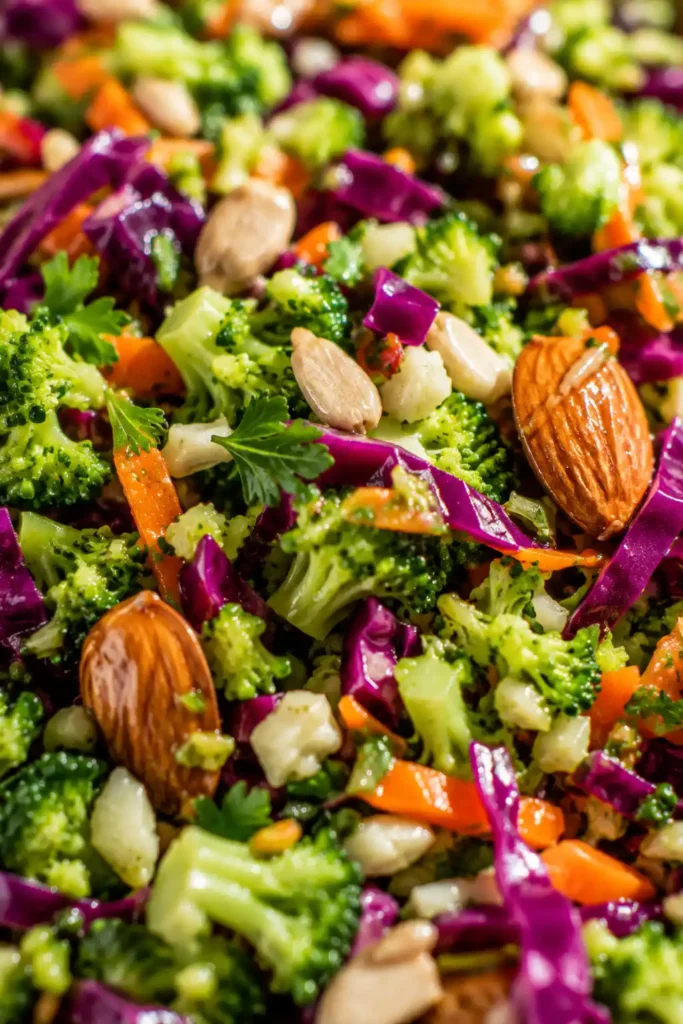 Crunchy Detox Salad Recipe (Ready in 25 Minutes!) 2 Close-up of crunchy detox salad showing finely chopped broccoli, red cabbage, and carrots coated in lemon vinaigrette