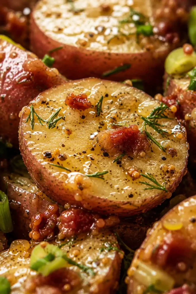 Warm German Potato Salad with Smoky Bacon Vinaigrette (No Mayo!) 4 Close-up of glossy red potato slices coated in smoky bacon vinaigrette with crispy bacon bits and fresh dill