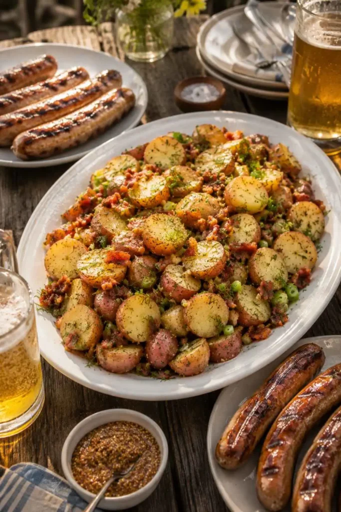 Warm German Potato Salad with Smoky Bacon Vinaigrette (No Mayo!) 5 Warm German potato salad served alongside grilled bratwurst and mustard on a rustic outdoor summer dinner table