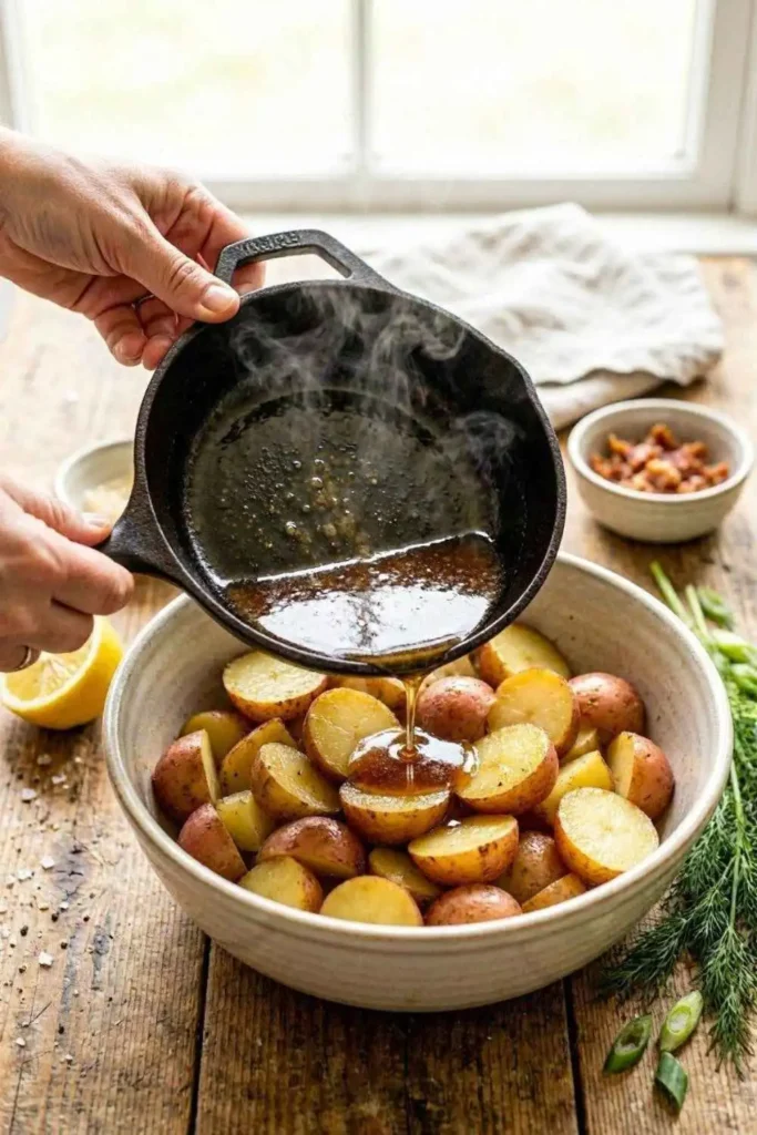 Warm German Potato Salad with Smoky Bacon Vinaigrette (No Mayo!) 3 Pouring warm bacon vinaigrette over sliced red potatoes in a bowl to make hot German potato salad