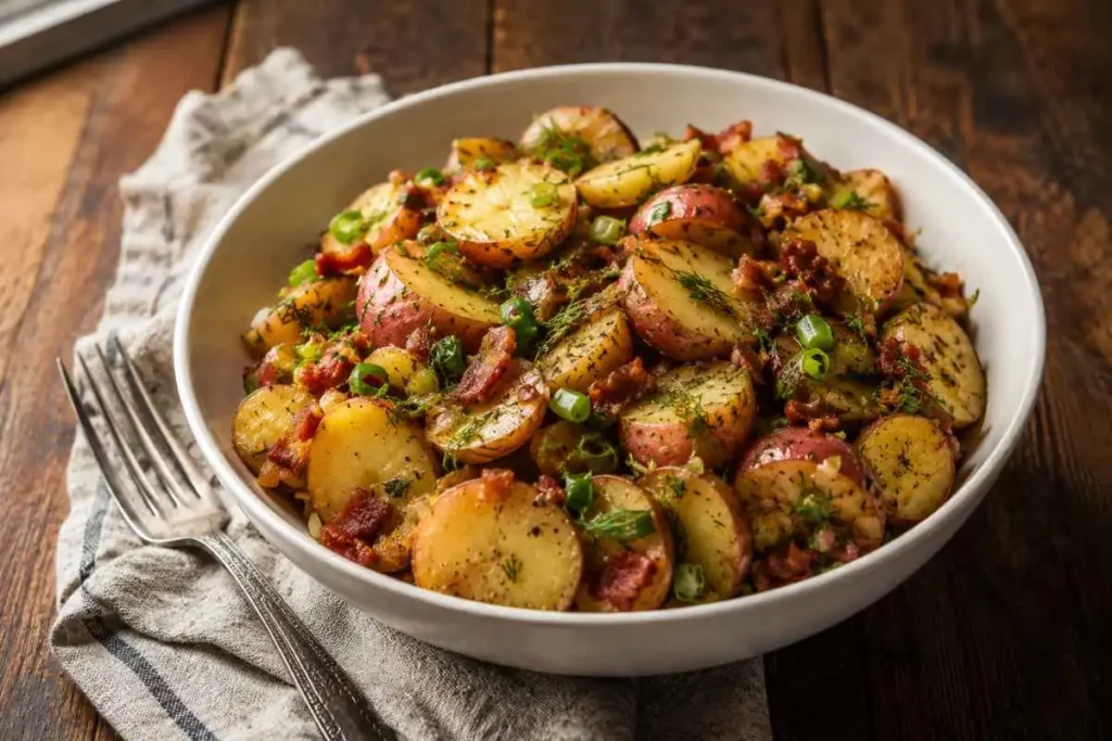 Warm German Potato Salad with Smoky Bacon Vinaigrette (No Mayo!) 1 Warm German potato salad with smoky bacon vinaigrette in white bowl garnished with fresh dill and crispy bacon
