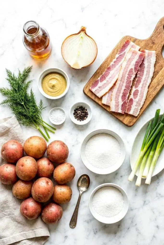 Warm German Potato Salad with Smoky Bacon Vinaigrette (No Mayo!) 2 All ingredients for warm German potato salad arranged on white marble including red potatoes, bacon, apple cider vinegar, and fresh dill
