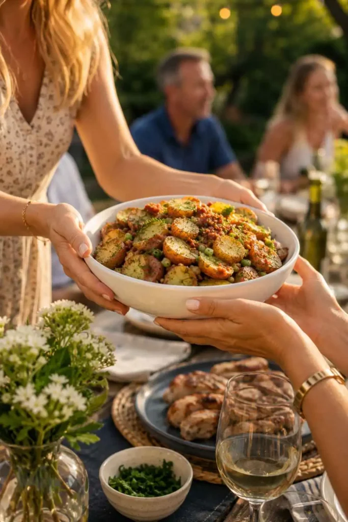 Warm German Potato Salad with Smoky Bacon Vinaigrette (No Mayo!) 6 Person passing a large bowl of warm German potato salad at an outdoor summer cookout