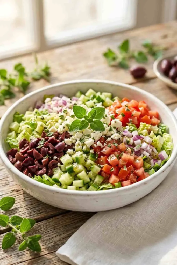 25 Best Chopped Salad Recipes (Easy, Fresh & Crowd-Pleasing) 3 Fresh Greek chopped salad with feta cheese, cucumber, tomatoes, olives and lemon oregano dressing.
