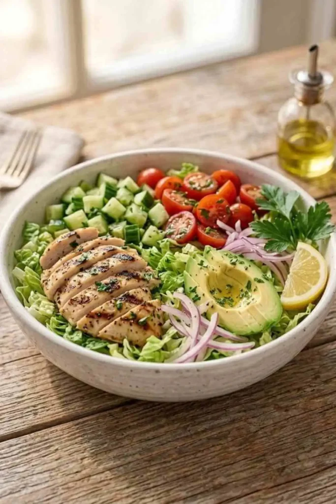 25 Best Chopped Salad Recipes (Easy, Fresh & Crowd-Pleasing) 8 Healthy chicken chopped salad with avocado, cucumber, tomatoes and lemon herb dressing.