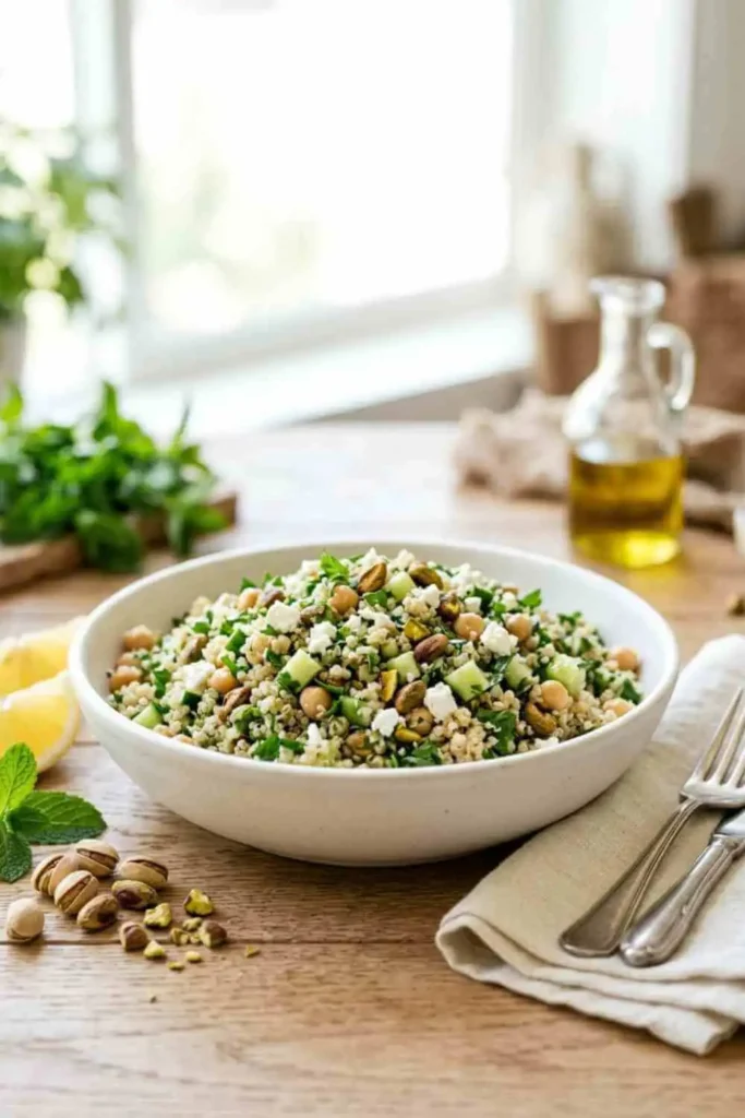 25 Best Chopped Salad Recipes (Easy, Fresh & Crowd-Pleasing) 23 Jennifer Aniston chopped salad with quinoa, chickpeas, cucumber, feta and pistachios.