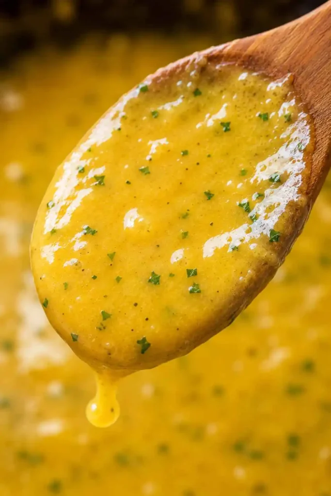 Lemon Butter Sauce - Rich, Glossy & Done in 5 Minutes 4 Close-up of glossy lemon butter sauce coating the back of a wooden spoon, showing silky texture