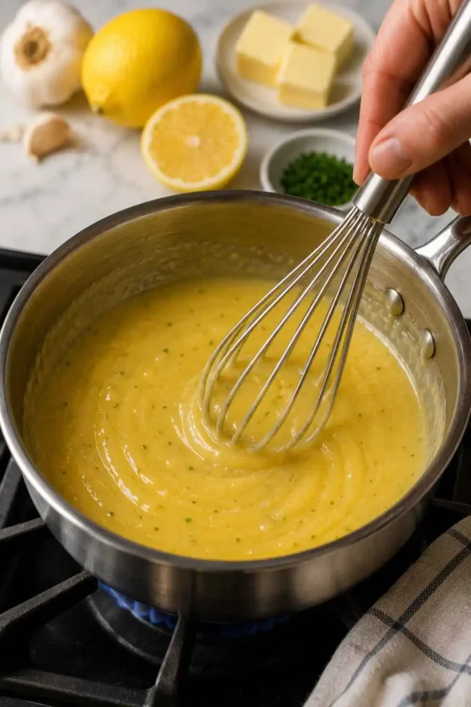 Lemon Butter Sauce - Rich, Glossy & Done in 5 Minutes 3 Hand whisking lemon butter sauce in a saucepan on the stovetop until glossy and emulsified