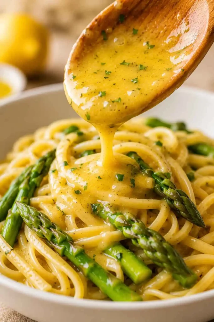 Lemon Butter Sauce - Rich, Glossy & Done in 5 Minutes 5 Glossy lemon butter sauce being drizzled over linguine pasta and asparagus in a white bowl