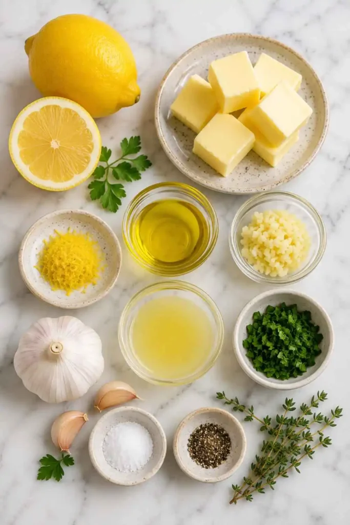Lemon Butter Sauce - Rich, Glossy & Done in 5 Minutes 2 All ingredients for lemon butter sauce arranged on a white marble surface including butter, lemon, and garlic