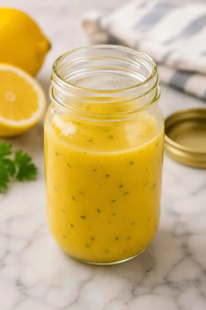 Lemon Butter Sauce - Rich, Glossy & Done in 5 Minutes 6 Lemon butter sauce stored in a clear glass mason jar on a marble surface, ready to refrigerate