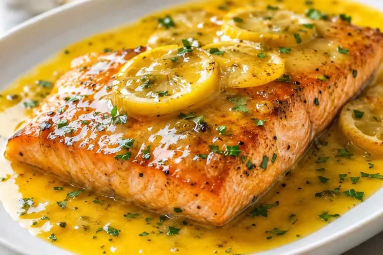 Glossy lemon butter sauce drizzled over pan-seared salmon on a white plate | Fresh & Simple Kitchen