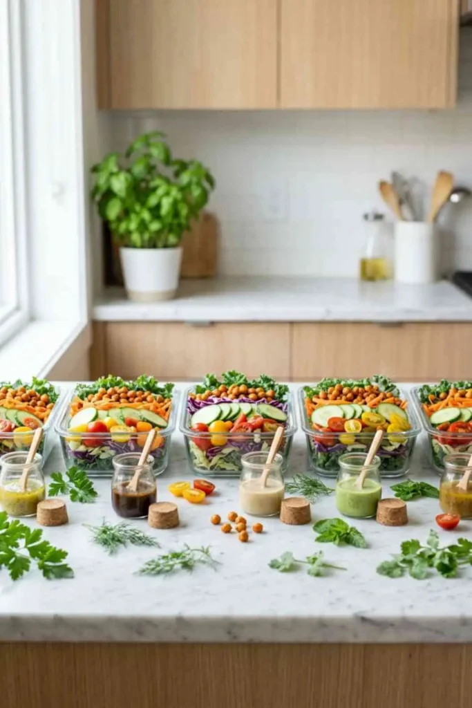 25 Best Chopped Salad Recipes (Easy, Fresh & Crowd-Pleasing) 26 Healthy meal prep chopped salad in glass containers with kale, cabbage, chickpeas and vegetables.