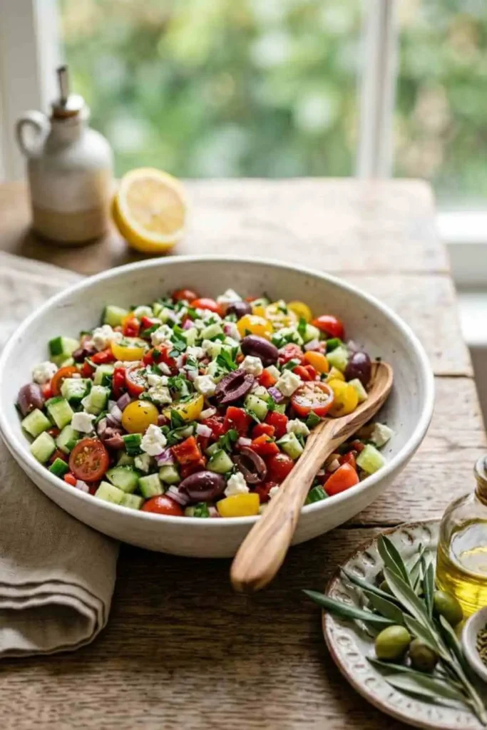 25 Best Chopped Salad Recipes (Easy, Fresh & Crowd-Pleasing) 15 Mediterranean chopped salad with feta cheese, cucumbers, olives and roasted red peppers.