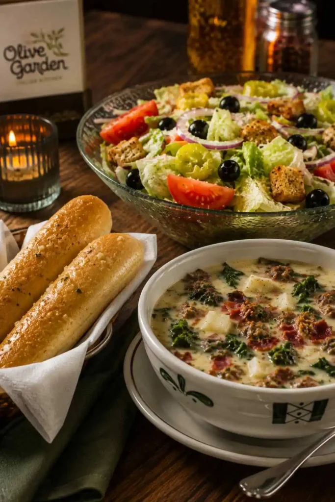 Authentic Copycat Olive Garden Salad Recipe (15-Minute Meal) 4 A bowl of copycat Olive Garden salad served next to a warm bowl of Zuppa Toscana soup and fresh breadsticks.