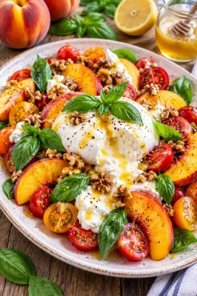 10 Best Fresh Peach Salad Recipes for Summer 3 peach burrata caprese salad lemon honey