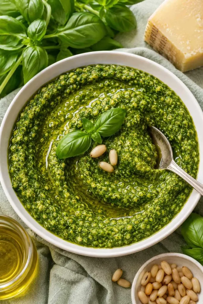 7 Best Dipping Sauces Recipes (Easy & Homemade!) 5 Homemade pesto sauce in a white bowl - creamy basil dipping sauce