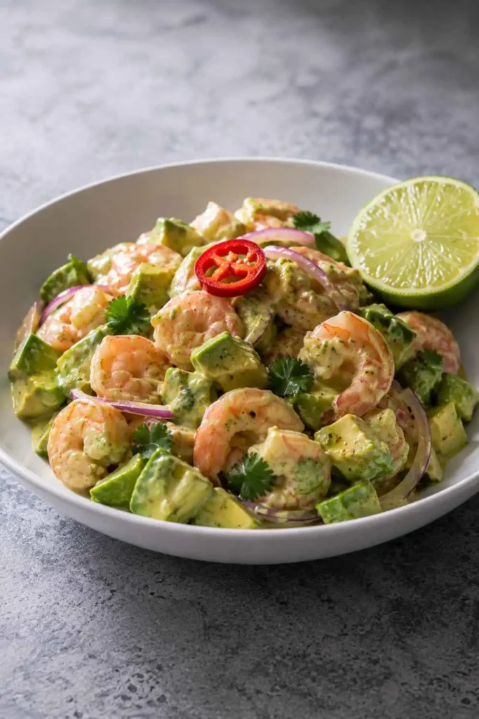 10 Easy Special Diet Salads for Quick Meal Planning 5 Creamy Avocado Shrimp Special Diet Salad with Chili Lime Avocado Mayo Dressing in a white bowl