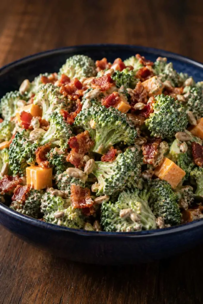 10 Easy Special Diet Salads for Quick Meal Planning 10 Crunchy Broccoli Bacon Special Diet Salad with Sweet Tangy Bacon Mayo in a navy blue bowl