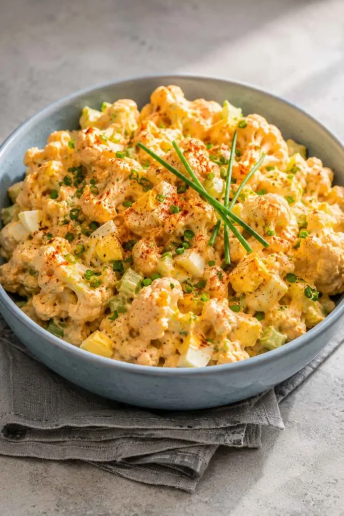 10 Easy Special Diet Salads for Quick Meal Planning 7 Low-Carb Cauliflower Special Diet Salad with Smoky Paprika Mustard Mayo in a pale blue bowl