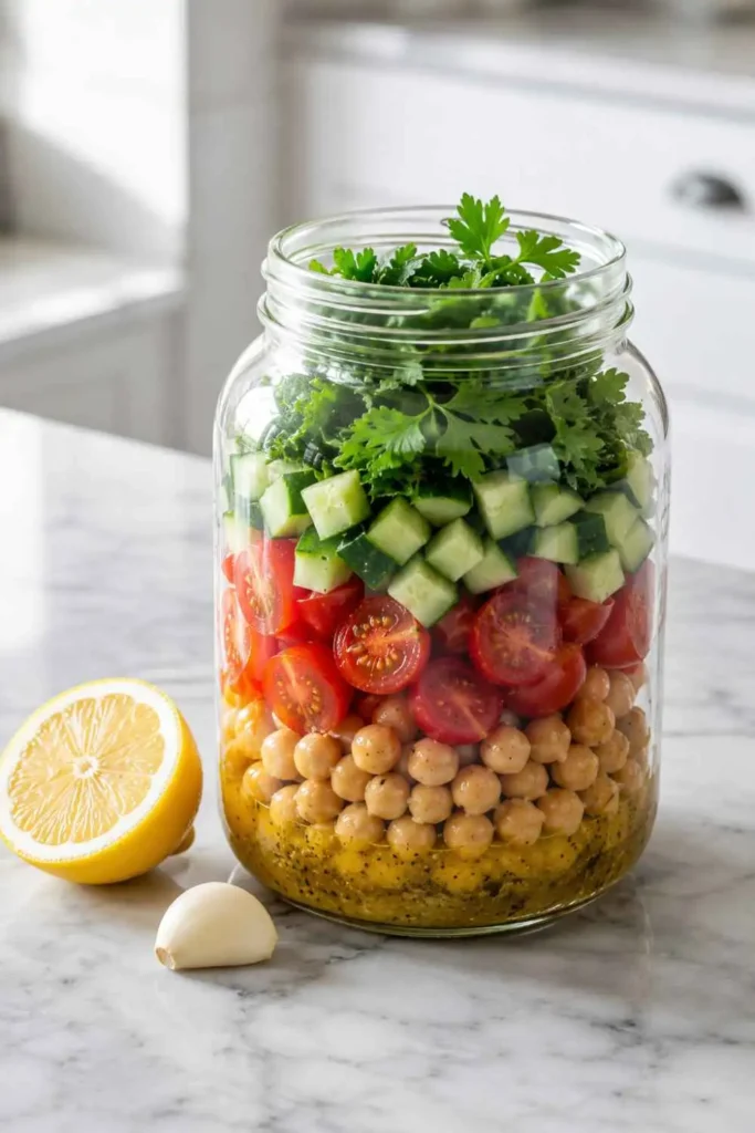 10 Easy Special Diet Salads for Quick Meal Planning 2 Cucumber Chickpea Special Diet Salad layered in a mason jar with Classic Lemon Garlic Vinaigrette