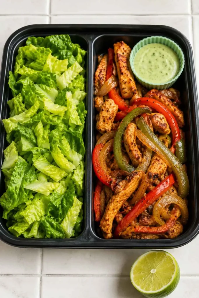 10 Easy Special Diet Salads for Quick Meal Planning 8 Spicy Fajita Chicken Special Diet Salad in a bento meal prep box with Cilantro Lime Crema
