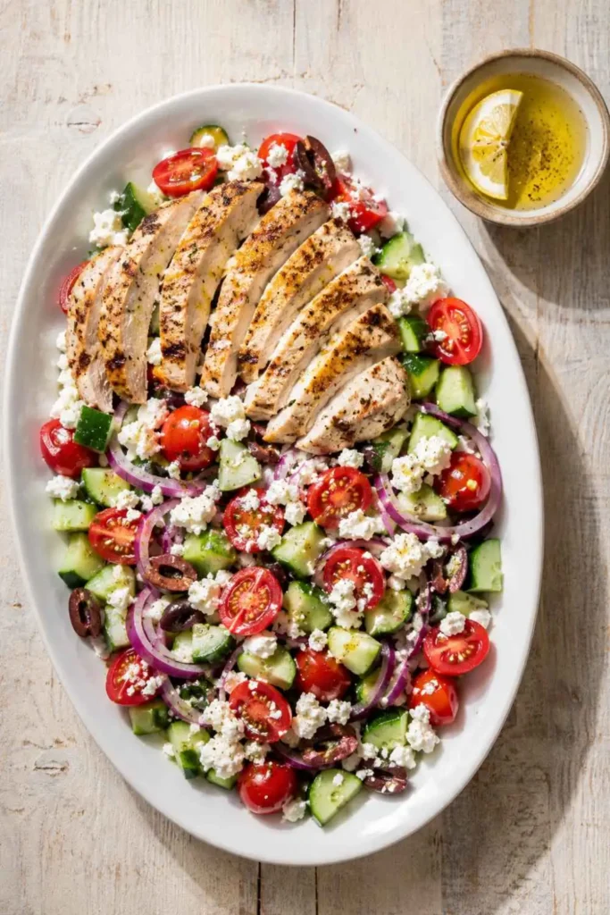 10 Easy Special Diet Salads for Quick Meal Planning 9 Greek Grilled Chicken Special Diet Salad with Simple Lemon Olive Oil Dressing on a white plate