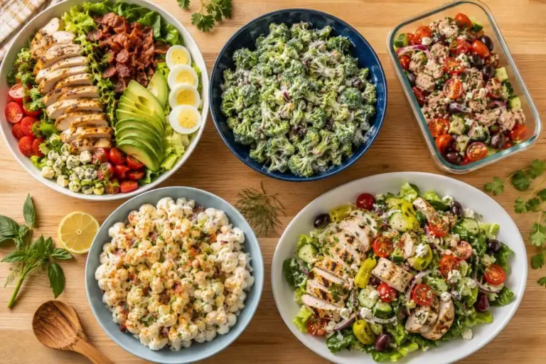 Five Special Diet Salads layered in mason jars for weekly meal prep