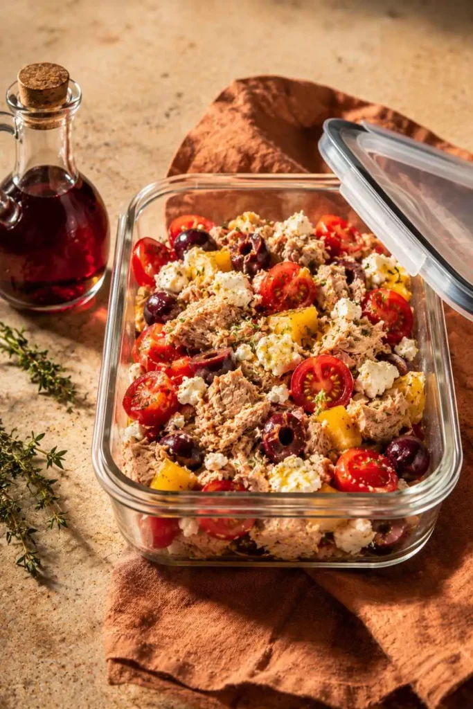 10 Easy Special Diet Salads for Quick Meal Planning 4 Mediterranean Tuna and Olive Special Diet Salad in a glass meal prep container with Red Wine Oregano Vinaigrette