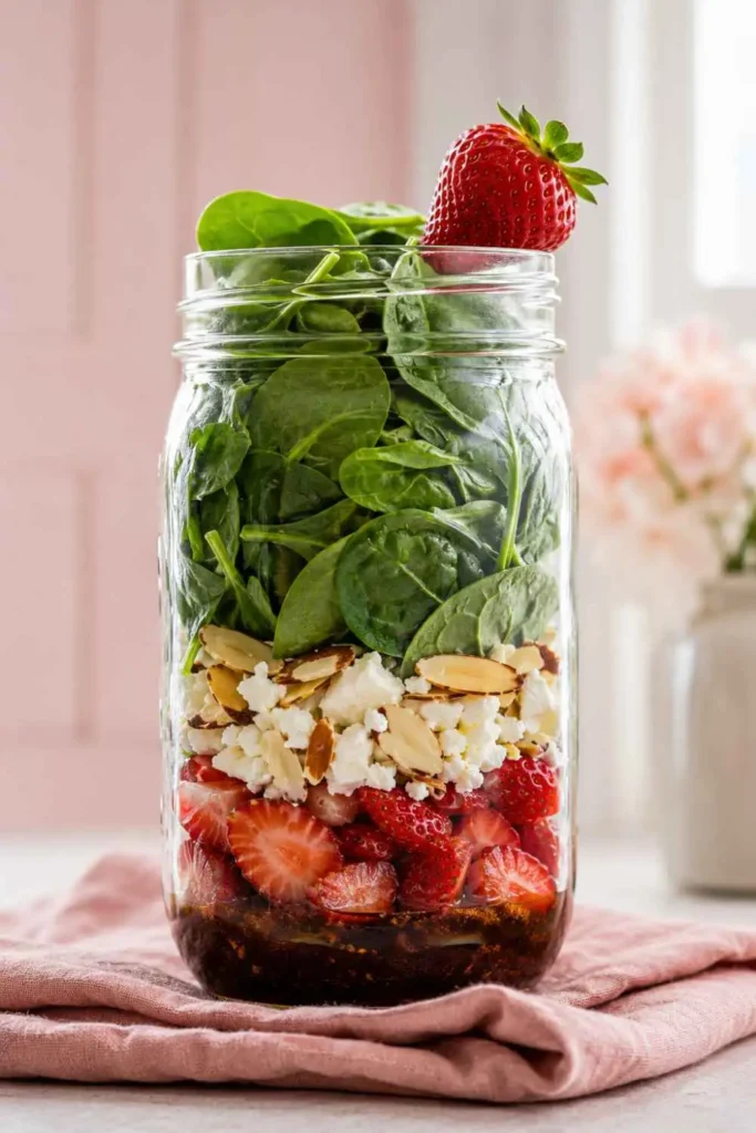10 Easy Special Diet Salads for Quick Meal Planning 11 Strawberry Spinach Special Diet Salad with feta and Balsamic Dijon Vinaigrette layered in a mason jar