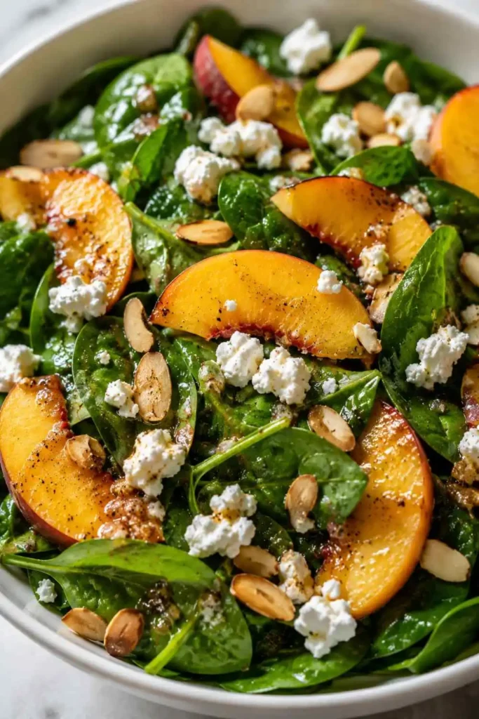 10 Best Fresh Peach Salad Recipes for Summer 2 spinach peach salad goat cheese almonds